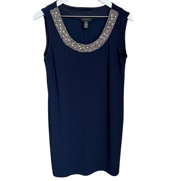 R&M Richards Dress Womens 6 Navy Blue Sleeveless Beaded Rhinestone Scoop Neck - Picture 2 of 7
